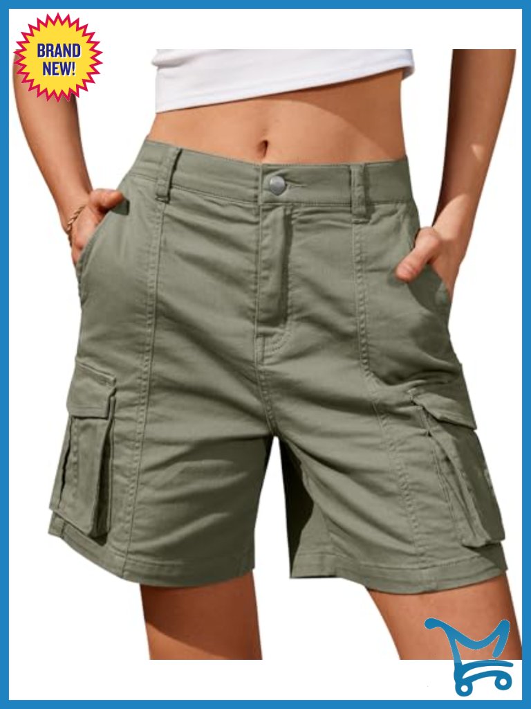 Women's Cargo Bermuda Shorts 6 Pockets Elastic Waist Knee Length Summer Casual